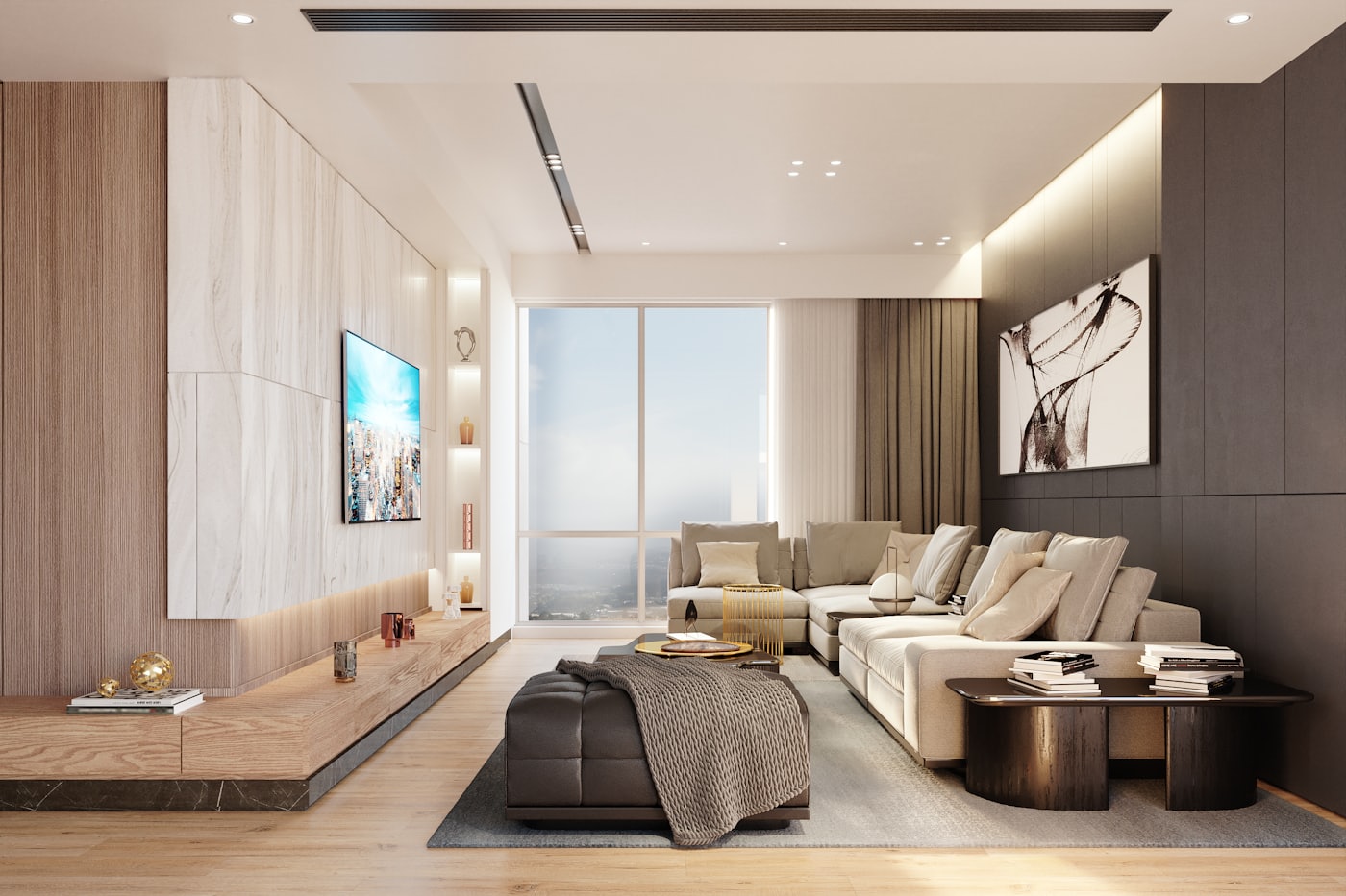 A living room furnished with a large sectional sofa